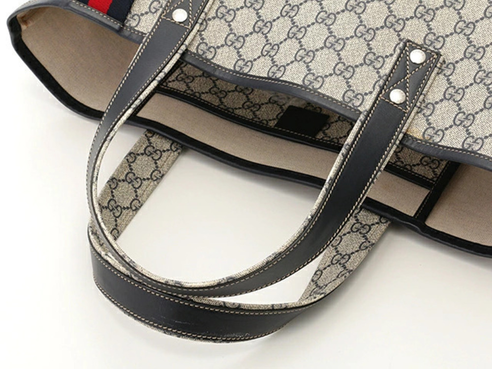 Gucci Beige Leather Canvas Blue Navy Bag Tote Cream Blue Cream
